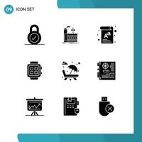 Mobile Interface Solid Glyph Set of 9 Pictograms of fountain watch document technology home Editable Vector Design Elements