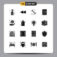 Pack of 16 creative Solid Glyphs of world charity tool hand instruction Editable Vector Design Elements