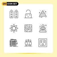 Modern Set of 9 Outlines Pictograph of labyrinth maze unlock nature flower Editable Vector Design Elements