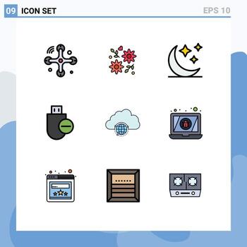 Mobile Interface Filledline Flat Color Set of 9 Pictograms of city stick crescent remove devices Editable Vector Design Elements