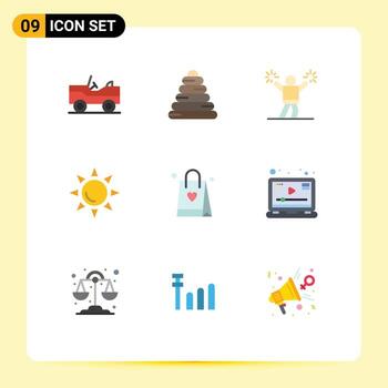 9 User Interface Flat Color Pack of modern Signs and Symbols of player love encourage bag sun Editable Vector Design Elements