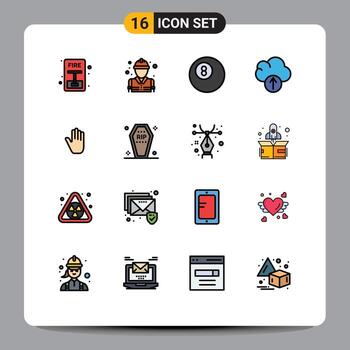 16 Universal Flat Color Filled Lines Set for Web and Mobile Applications casket hand ball gestures upload Editable Creative Vector Design Elements