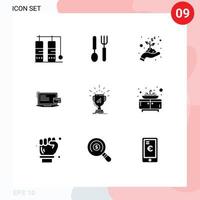 Mobile Interface Solid Glyph Set of 9 Pictograms of win award hand online payment computer Editable Vector Design Elements