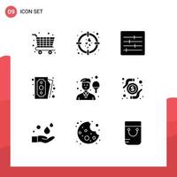 Mobile Interface Solid Glyph Set of 9 Pictograms of sport boy layout avatar payment Editable Vector Design Elements
