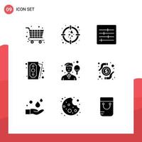 Mobile Interface Solid Glyph Set of 9 Pictograms of sport boy layout avatar payment Editable Vector Design Elements