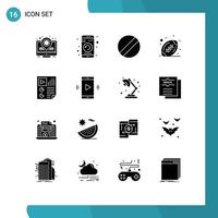 Set of 16 Commercial Solid Glyphs pack for video page blade document sport Editable Vector Design Elements