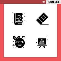 Universal Icon Symbols Group of 4 Modern Solid Glyphs of book eco leaf science eraser board Editable Vector Design Elements