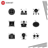 Pack of 9 Modern Solid Glyphs Signs and Symbols for Web Print Media such as cog profile image employee id user Editable Vector Design Elements