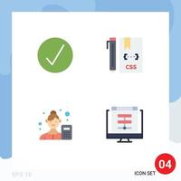 conjunto de pictogramas de 4 iconos planos simples de elementos de diseño vectorial editables del analizador css multimedia femenino de éxito vector