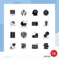 Group of 16 Modern Solid Glyphs Set for flame girl face timer speed Editable Vector Design Elements