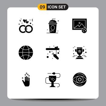 9 conjunto de glifos sólidos universales para aplicaciones web y móviles caña de pescar independece ciencia globo elementos de diseño vectorial editables vector