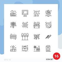 Pack of 16 Modern Outlines Signs and Symbols for Web Print Media such as target search school plant cactus Editable Vector Design Elements