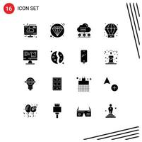 Modern Set of 16 Solid Glyphs Pictograph of screen product network process cloud Editable Vector Design Elements