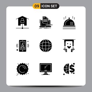 Modern Set of 9 Solid Glyphs Pictograph of map router list iot dinner Editable Vector Design Elements