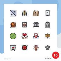 Pack of 16 Modern Flat Color Filled Lines Signs and Symbols for Web Print Media such as fire fighting android bag mobile phone Editable Creative Vector Design Elements