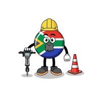 caricatura de personaje de la bandera de sudáfrica trabajando en la construcción de carreteras vector