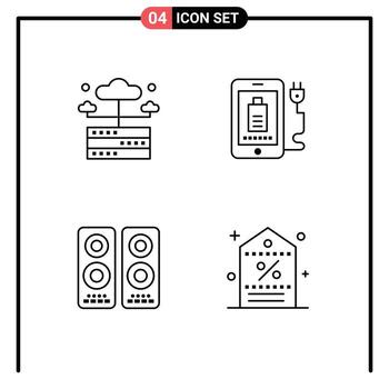conjunto moderno de 4 colores planos de línea rellena pictografía del servidor de entretenimiento de base de datos elementos de diseño vectorial editables de altavoz completo vector