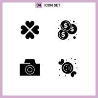 Group of 4 Modern Solid Glyphs Set for heart camera favorite coins dessert Editable Vector Design Elements