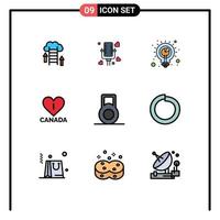 Modern Set of 9 Filledline Flat Colors Pictograph of bolt canada wedding heart analysis Editable Vector Design Elements