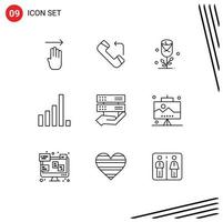 Editable Vector Line Pack of 9 Simple Outlines of control hand love data phone Editable Vector Design Elements