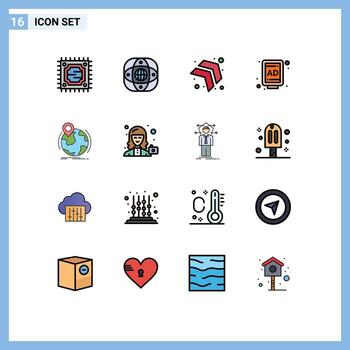 paquete de línea de vector editable de 16 líneas simples llenas de color plano de ubicación de flecha de pin globo elementos de diseño de vector creativo editable de cartelera