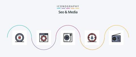 seo y la línea de medios llenaron el paquete de iconos planos 5 que incluye . radio. medios de comunicación. medios de comunicación. objetivo vector