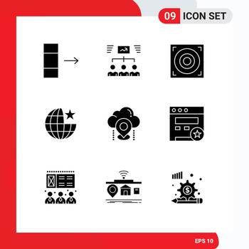 conjunto moderno de 9 glifos y símbolos sólidos, como ubicación en la nube, elementos de diseño de vectores editables de globo de mirada fija web
