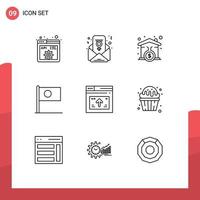 Mobile Interface Outline Set of 9 Pictograms of page flag mortgage country bangla Editable Vector Design Elements