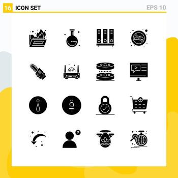 Paquete de glifos sólidos de interfaz de usuario de 16 de signos y símbolos modernos de base de datos circular inalámbrica vio elementos de diseño vectorial editables para no fumar vector