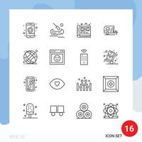 Group of 16 Modern Outlines Set for online world globe creative spring car Editable Vector Design Elements