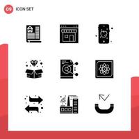 Universal Icon Symbols Group of 9 Modern Solid Glyphs of sharing file mobile jewelry gem Editable Vector Design Elements