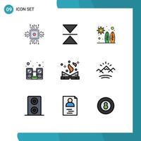 Pack of 9 Modern Filledline Flat Colors Signs and Symbols for Web Print Media such as literature speaker beach music computer Editable Vector Design Elements