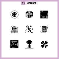 grupo de símbolos de iconos universales de 9 glifos sólidos modernos de aprendizaje de micrófono cesta de juegos de meca elementos de diseño de vectores editables