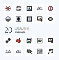 Paquete de 20 íconos de colores llenos de línea multimedia como panel de rendimiento foto agregar foto vector