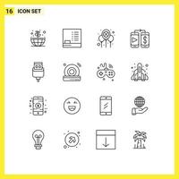 Mobile Interface Outline Set of 16 Pictograms of usb charge day cable dollar Editable Vector Design Elements