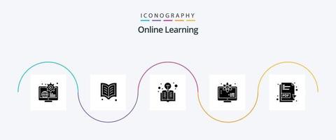 paquete de iconos de glifo 5 de aprendizaje en línea que incluye pdf. ciencia. lectura. monitor. bombilla vector