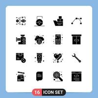 Mobile Interface Solid Glyph Set of 16 Pictograms of mixer path security anchor transportation Editable Vector Design Elements