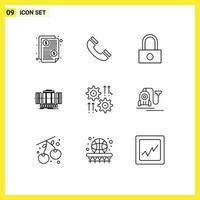 Group of 9 Outlines Signs and Symbols for gear technology lock wind vertical Editable Vector Design Elements