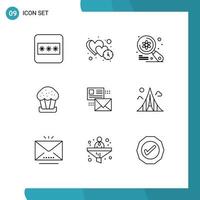 Universal Icon Symbols Group of 9 Modern Outlines of mailing food computer cup search Editable Vector Design Elements