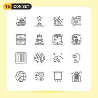 Set of 16 Vector Outlines on Grid for storage computing education photography camera Editable Vector Design Elements