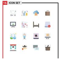 Pack of 16 Modern Flat Colors Signs and Symbols for Web Print Media such as photo monitor network shop handbag Editable Pack of Creative Vector Design Elements