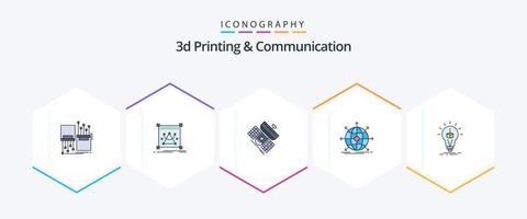 Paquete de iconos de 25 líneas completas de impresión y comunicación en 3D, incluido el internacional. negocio. objeto. telecomunicación. comunicación vector