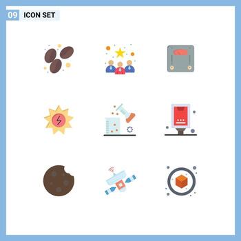 Pack of 9 Modern Flat Colors Signs and Symbols for Web Print Media such as science lab chemical science scale power solar Editable Vector Design Elements