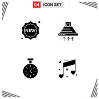 Mobile Interface Solid Glyph Set of 4 Pictograms of badge stopwatch shopping kitchen timer Editable Vector Design Elements