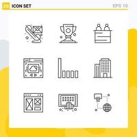 Set of 9 Vector Outlines on Grid for phone cloud sharing trophy website teamwork Editable Vector Design Elements