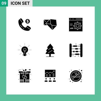 conjunto de glifos sólidos de interfaz móvil de 9 pictogramas de elementos de diseño vectorial editables de bulbo de idea de codificación de conocimiento de la naturaleza vector