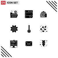 Pack of 9 creative Solid Glyphs of thermometer wheel cream setting cogs Editable Vector Design Elements