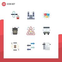 Group of 9 Flat Colors Signs and Symbols for accidents signaling labyrinth trash delete Editable Vector Design Elements