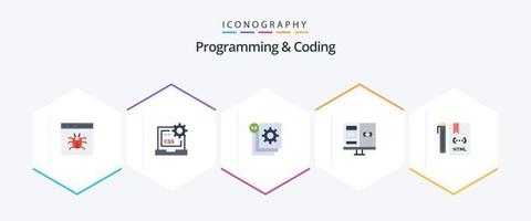 Programación y codificación de 25 paquetes de iconos planos que incluyen computadora. aplicación desarrollar. programación. desarrollo vector