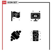 4 Universal Solid Glyphs Set for Web and Mobile Applications flag food monitor tv application Editable Vector Design Elements